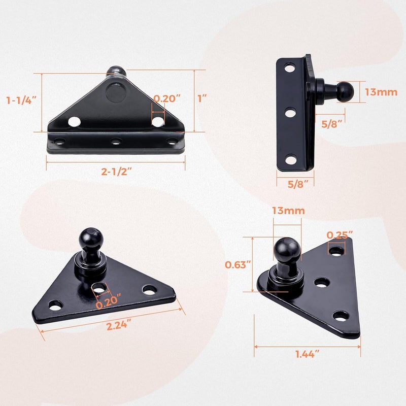 PAMAGOO 13MM Ball Stud Mounting Brackets, 2 Angled L-Type Mounts and 2 Flat-Type Mounts with 16 Screws, for Lift-o-mat Gas Spring Struts Shock Mounting Kits, Black - Image 2